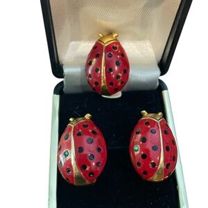 Vintage Ladybug Earrings and Brooch Set Red and Gold Screwback Pendant